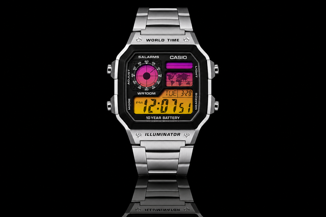 Custom Casio AE-1200 with a multi-colour Sunset Gradient display filter