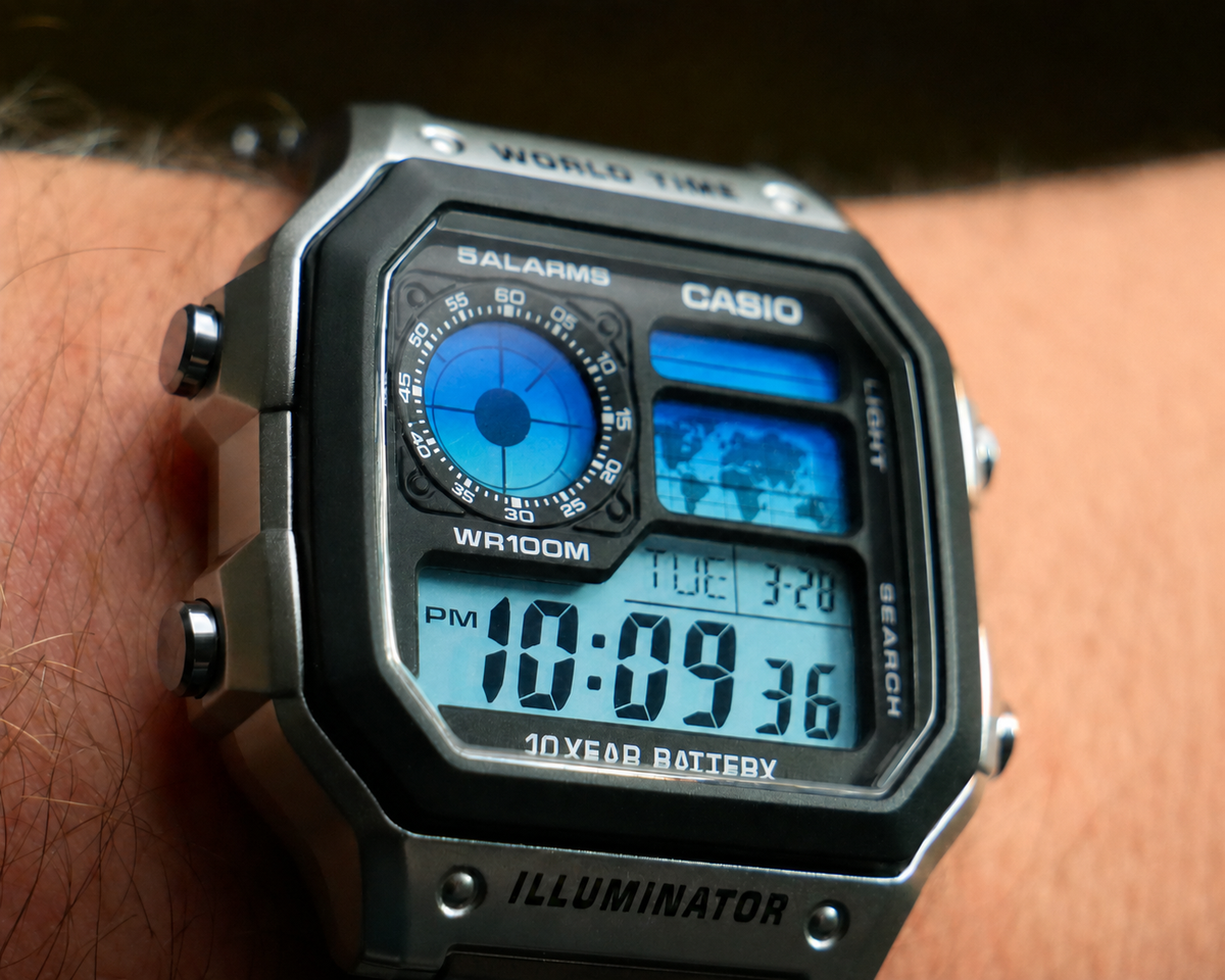 Close-up wrist view of the Ice Blue Gradient Casio AE-1200 showing the cool blue gradient display