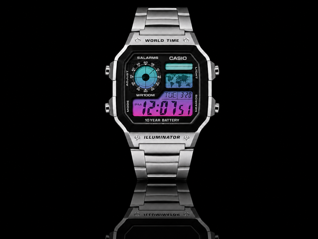 Aurora Gradient Casio AE-1200 custom watch — studio front-facing product image showing teal, violet and magenta gradient display on silver bracelet
