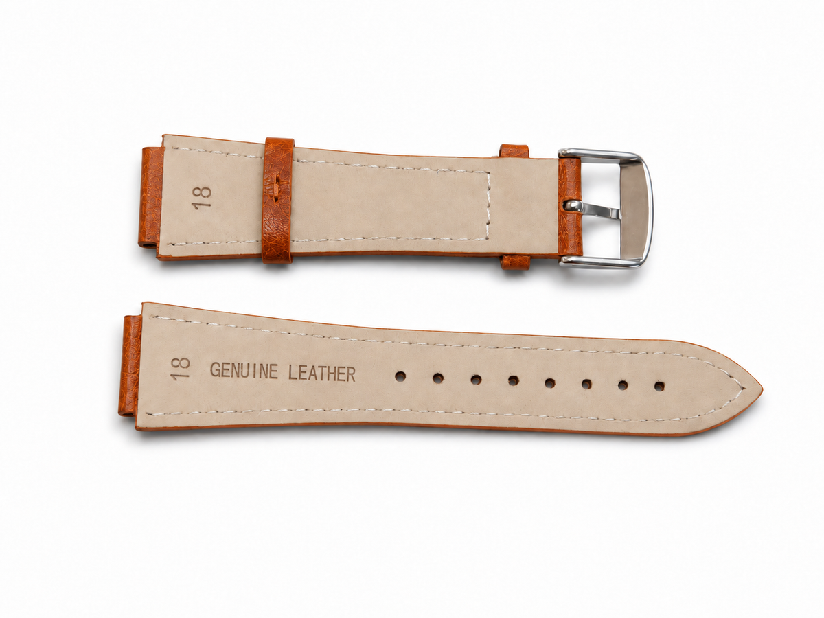 Brown leather watch strap for Casio AE-1200 laid flat with silver buckle