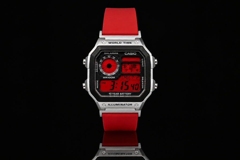Front view of a custom Casio AE-1200 watch with red display and red resin strap