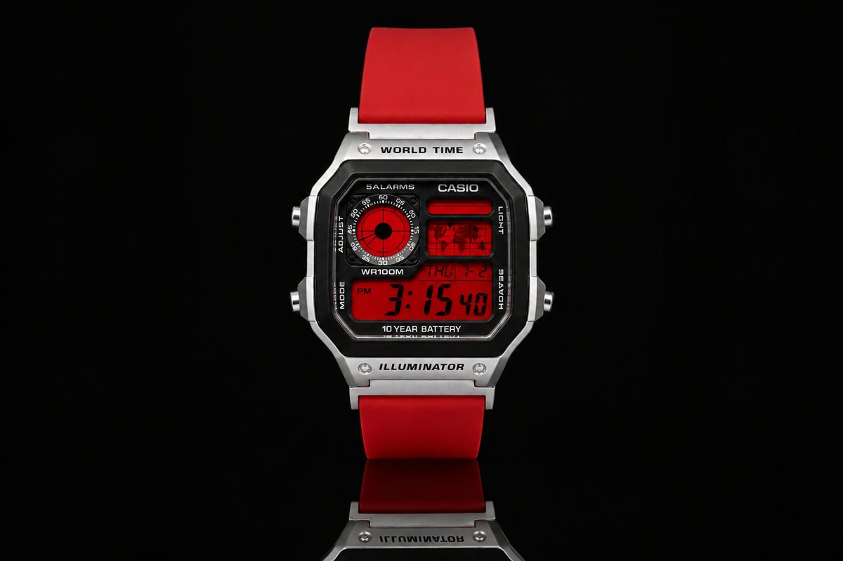 Front view of a custom Casio AE-1200 watch with red display and red resin strap