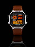 Front view of a custom Casio AE-1200 with amber-orange display, silver case and brown leather-style strap