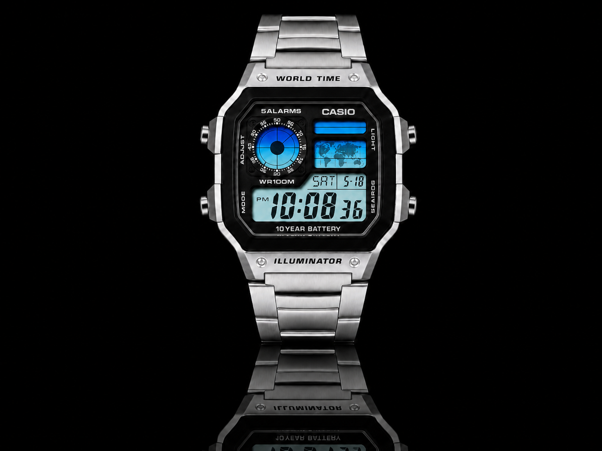 Ice Blue Gradient Casio AE-1200 custom watch — studio front-facing product image showing cool blue gradient display on silver bracelet
