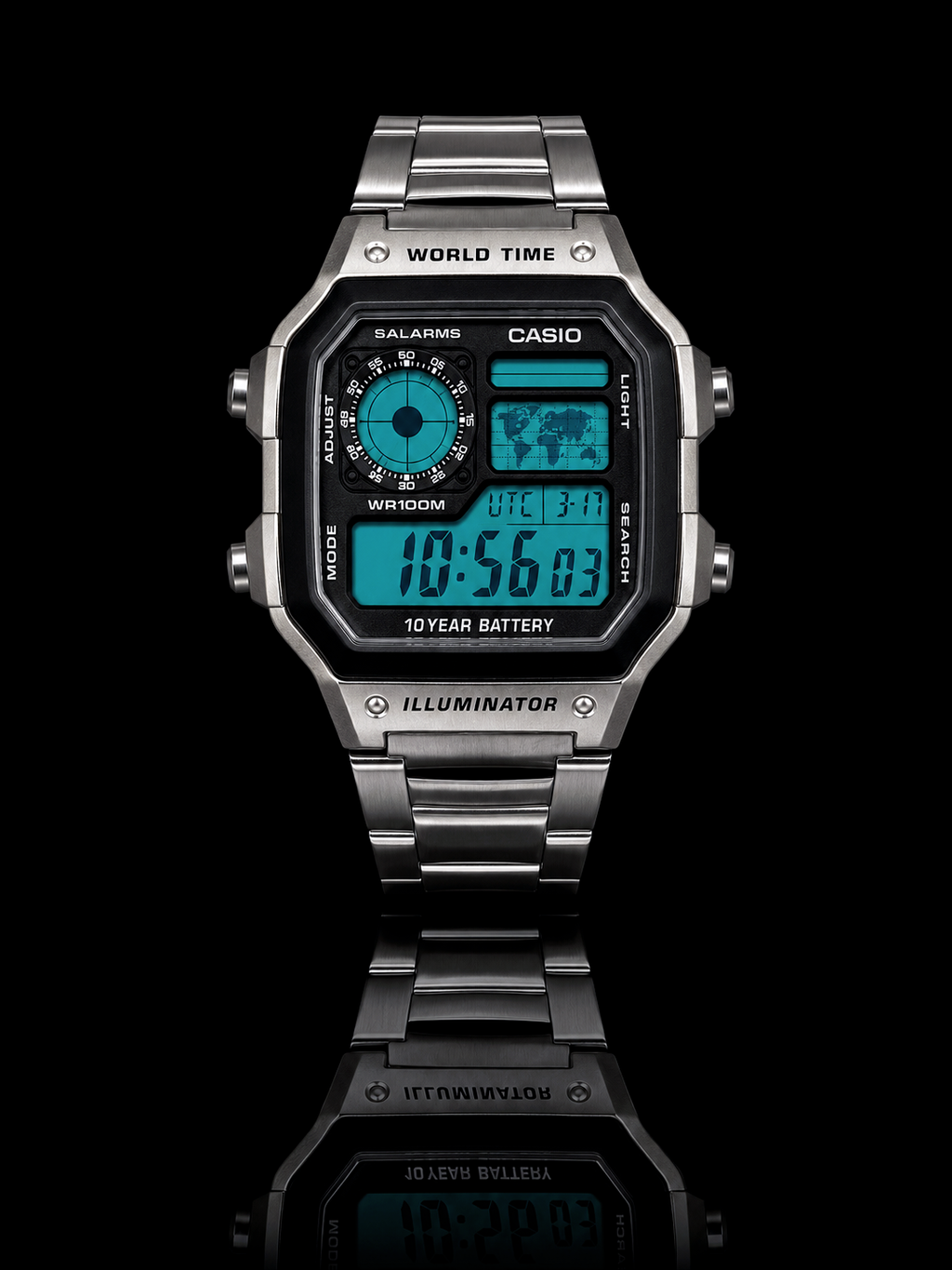 Front view of a custom Casio AE-1200 with turquoise-blue display and stainless steel bracelet