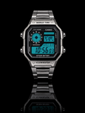 Front view of a custom Casio AE-1200 with turquoise-blue display and stainless steel bracelet