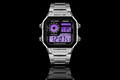 Purple Haze Casio AE-1200 custom watch — studio front-facing product image showing purple gradient display on silver bracelet