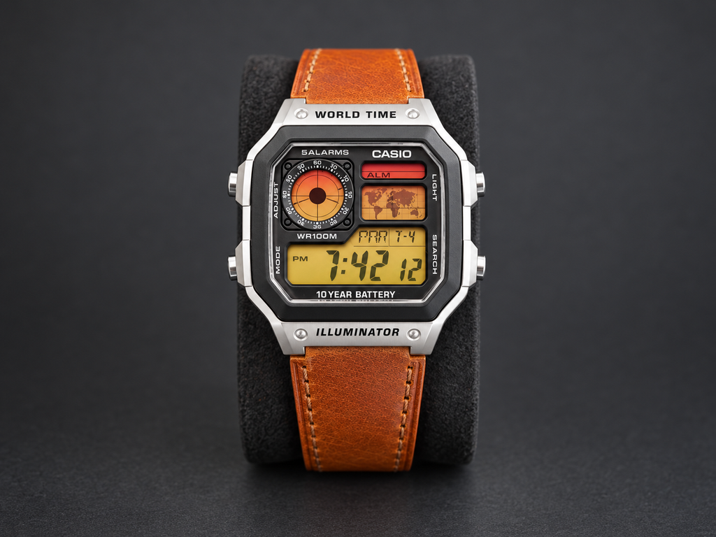 Custom Casio AE-1200 Sunset watch with brown leather strap on dark background