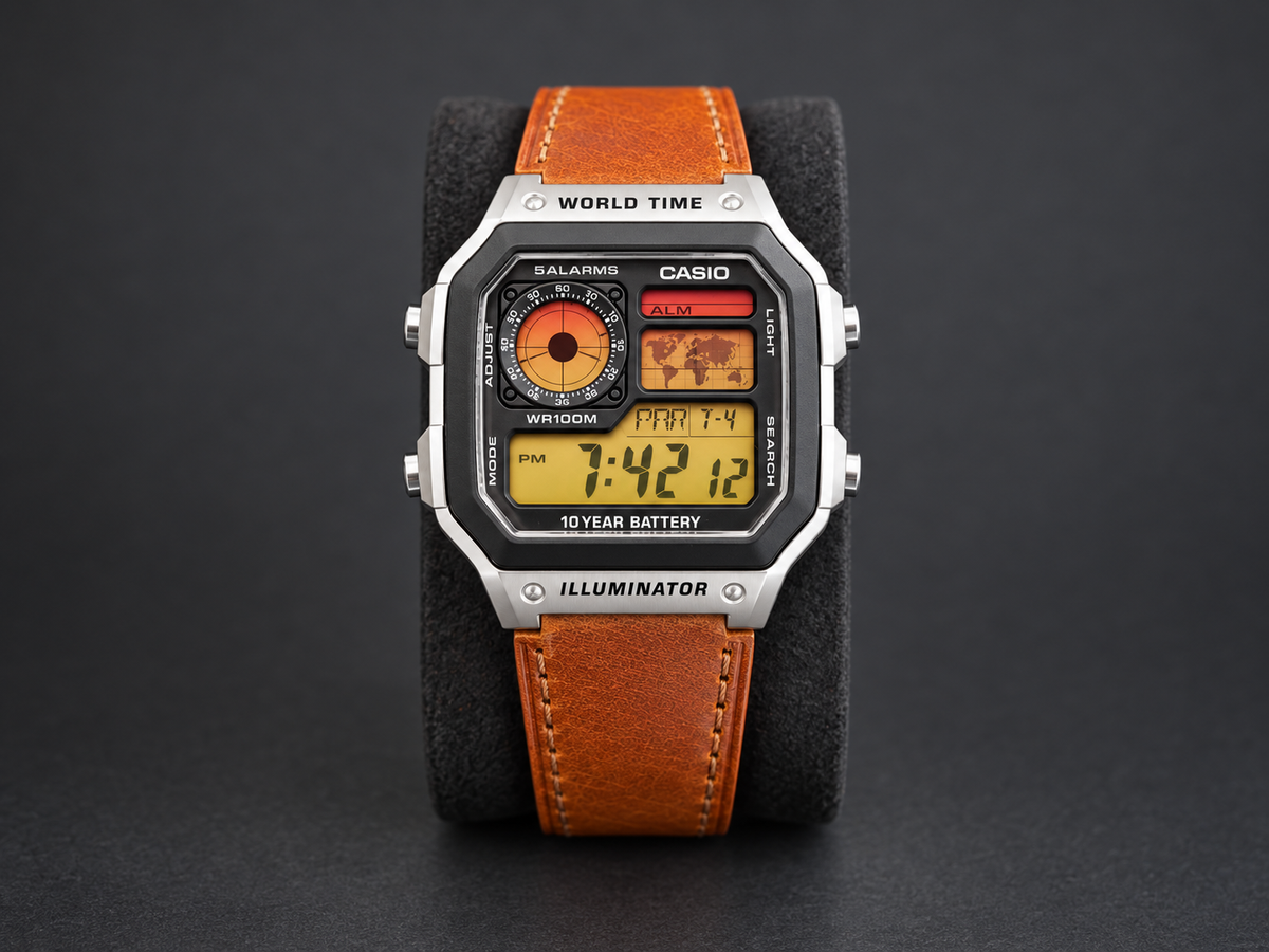 Custom Casio AE-1200 Sunset watch with brown leather strap on dark background