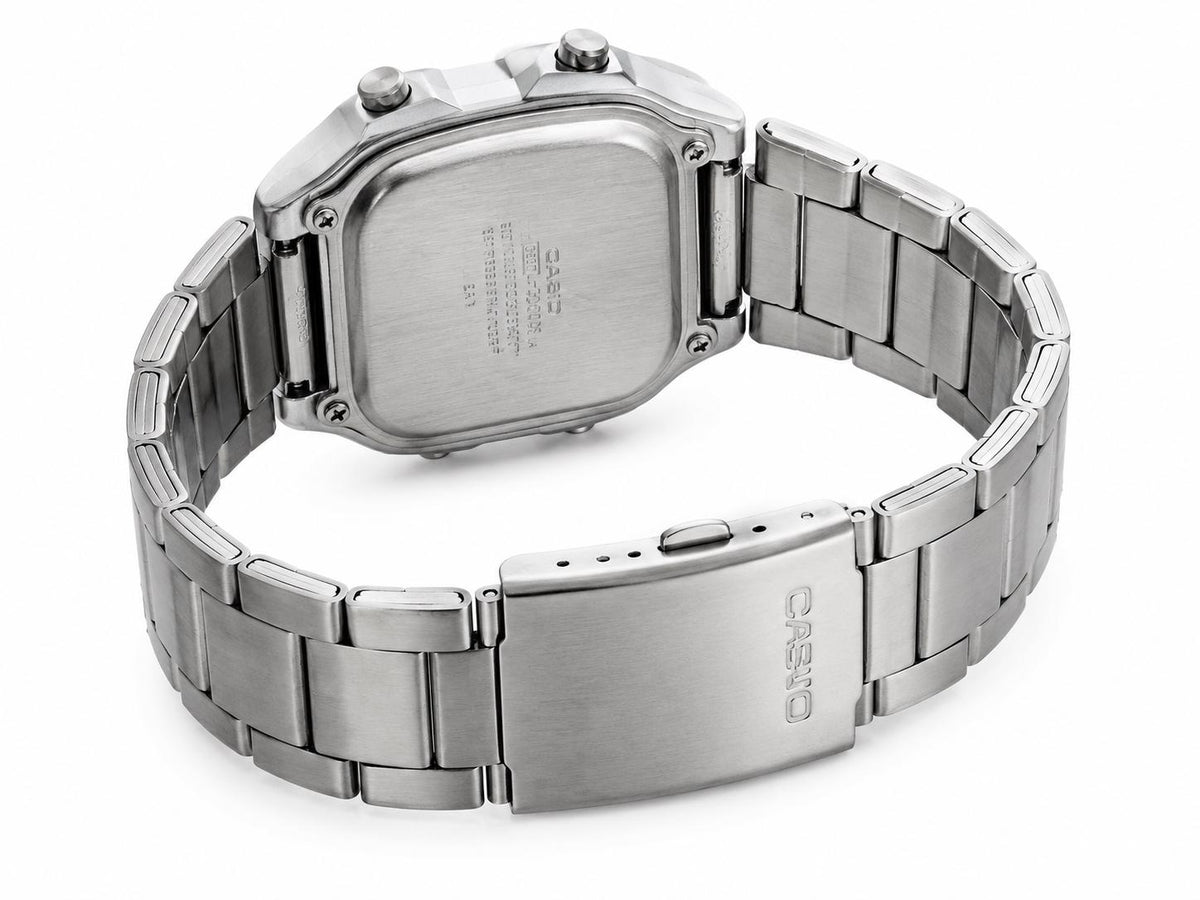 Rear view of the Casio AE-1200 showing its caseback and stainless-steel bracelet clasp