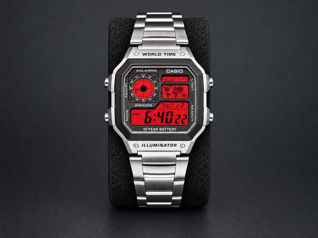 Custom Casio AE-1200 with red display and stainless-steel bracelet, shown from the front