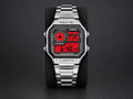 Custom Casio AE-1200 with red display and stainless-steel bracelet, shown from the front