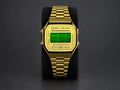 Custom gold-tone Casio A168 with green digital display and gold-tone stainless-steel bracelet