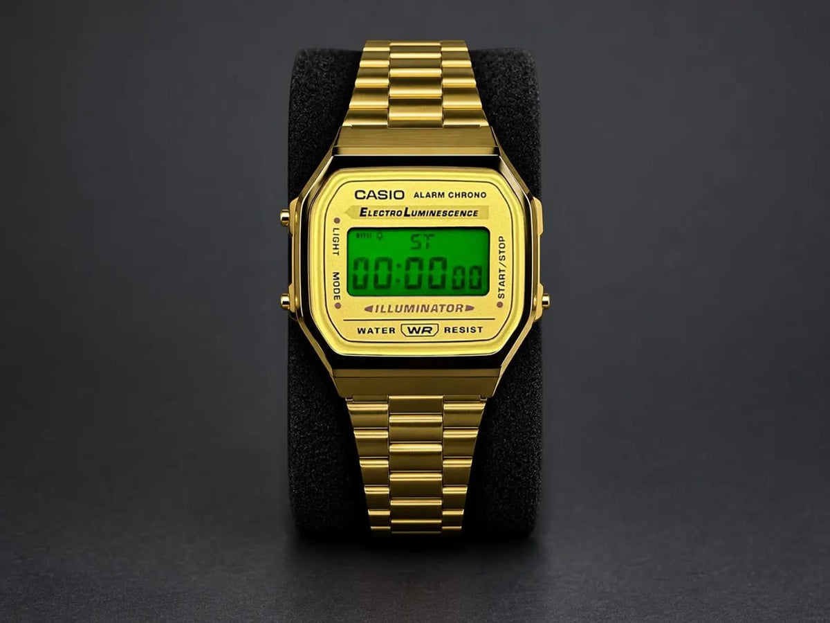 Custom gold-tone Casio A168 with green digital display and gold-tone stainless-steel bracelet