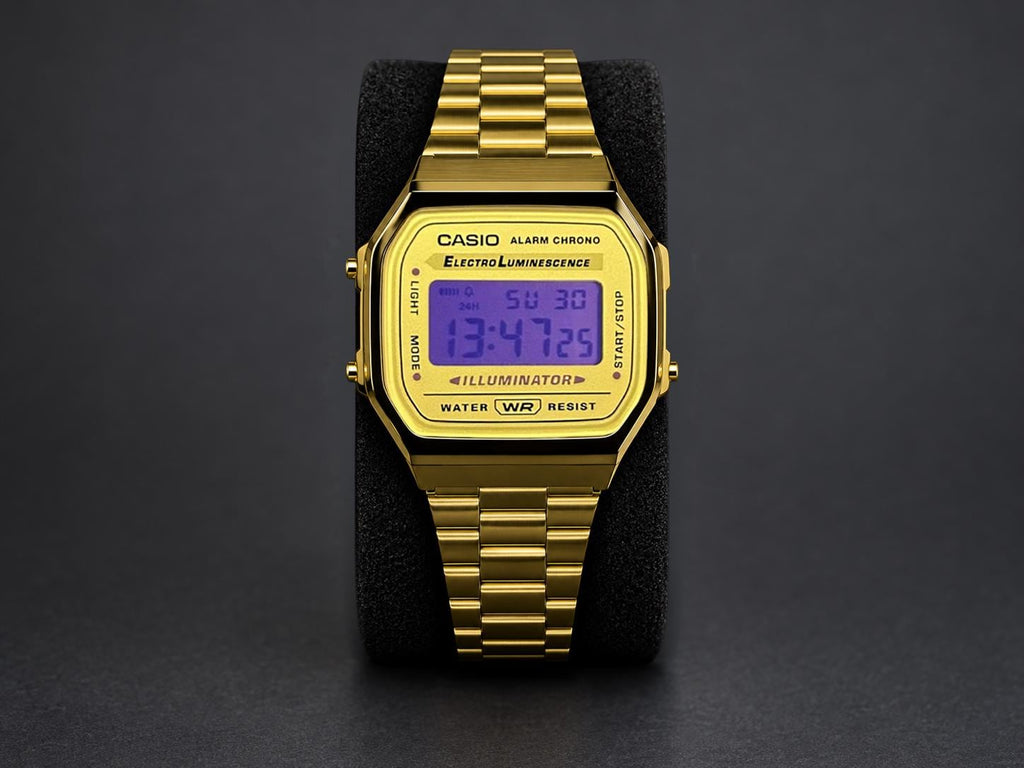 Custom gold-tone Casio A168 with purple digital display and gold-tone stainless-steel bracelet