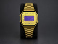 Custom gold-tone Casio A168 with purple digital display and gold-tone stainless-steel bracelet