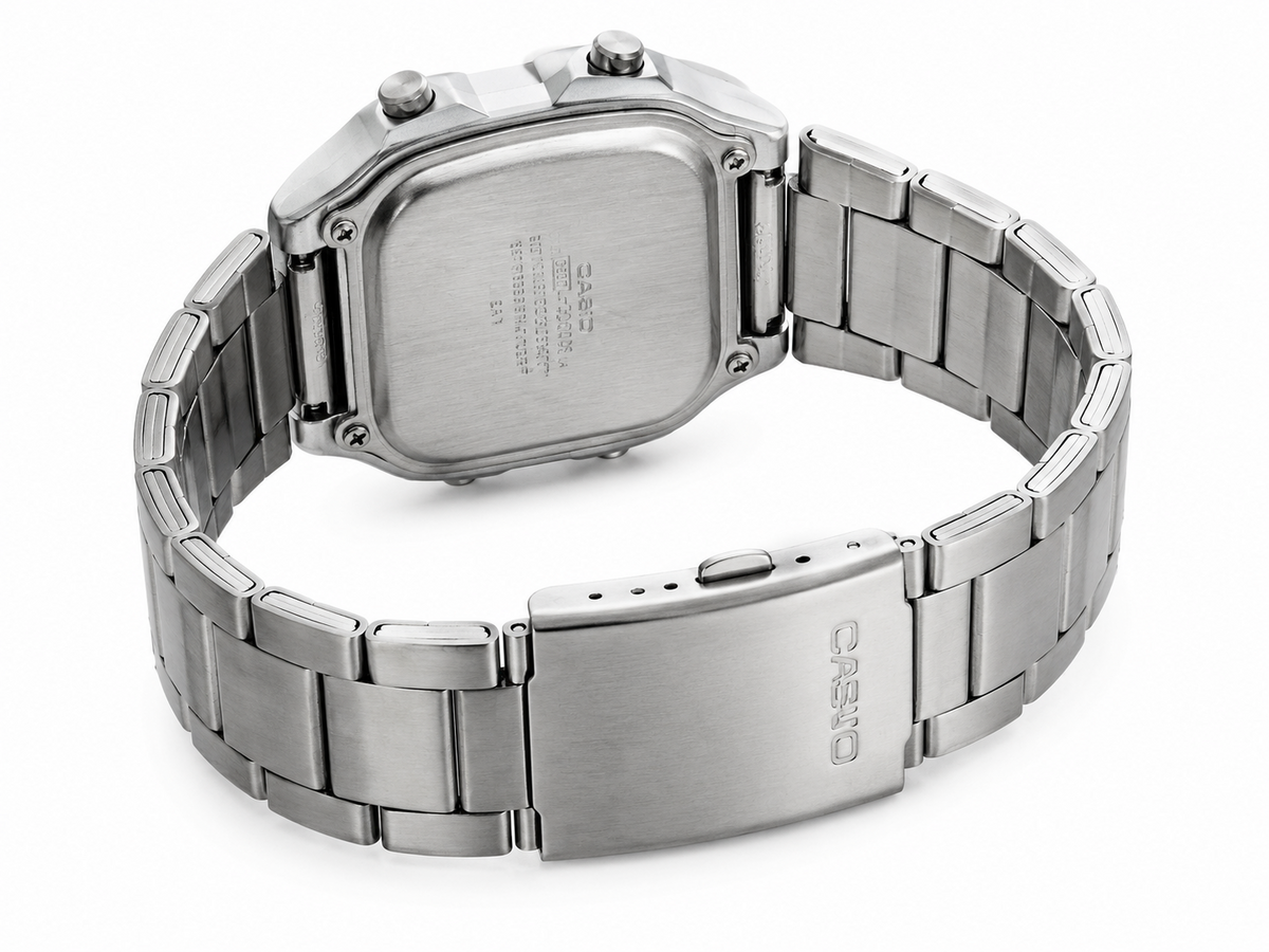Silver Casio AE-1200 stainless-steel bracelet with folding clasp shown from the rear