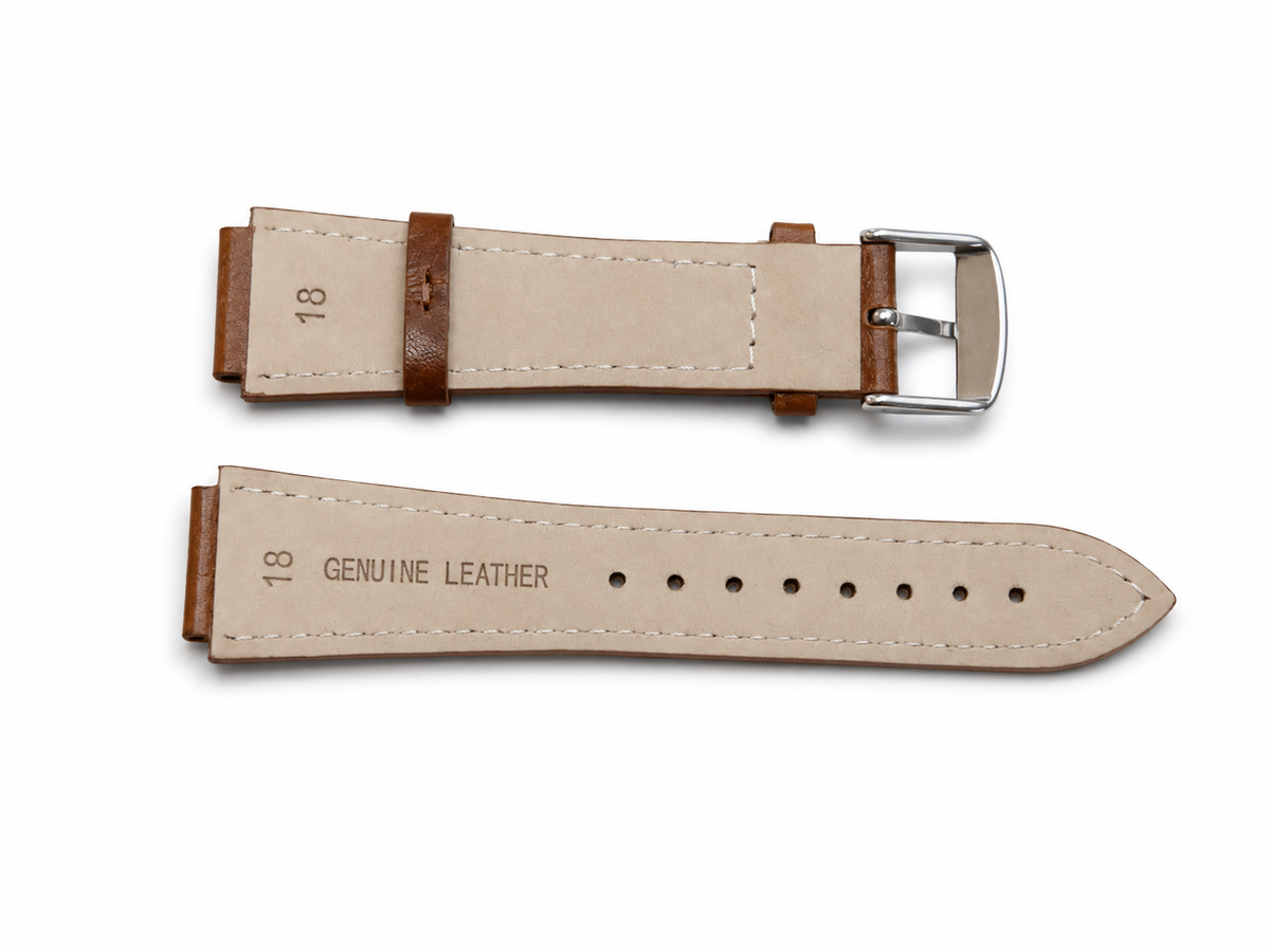 Underside of brown genuine leather watch strap showing 18 mm fitting, stitching and adjustment holes