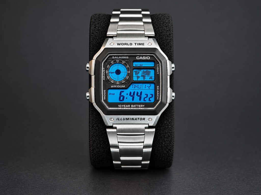 Custom Casio AE-1200 with blue display and stainless-steel bracelet, shown from the front