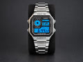 Custom Casio AE-1200 with blue display and stainless-steel bracelet, shown from the front
