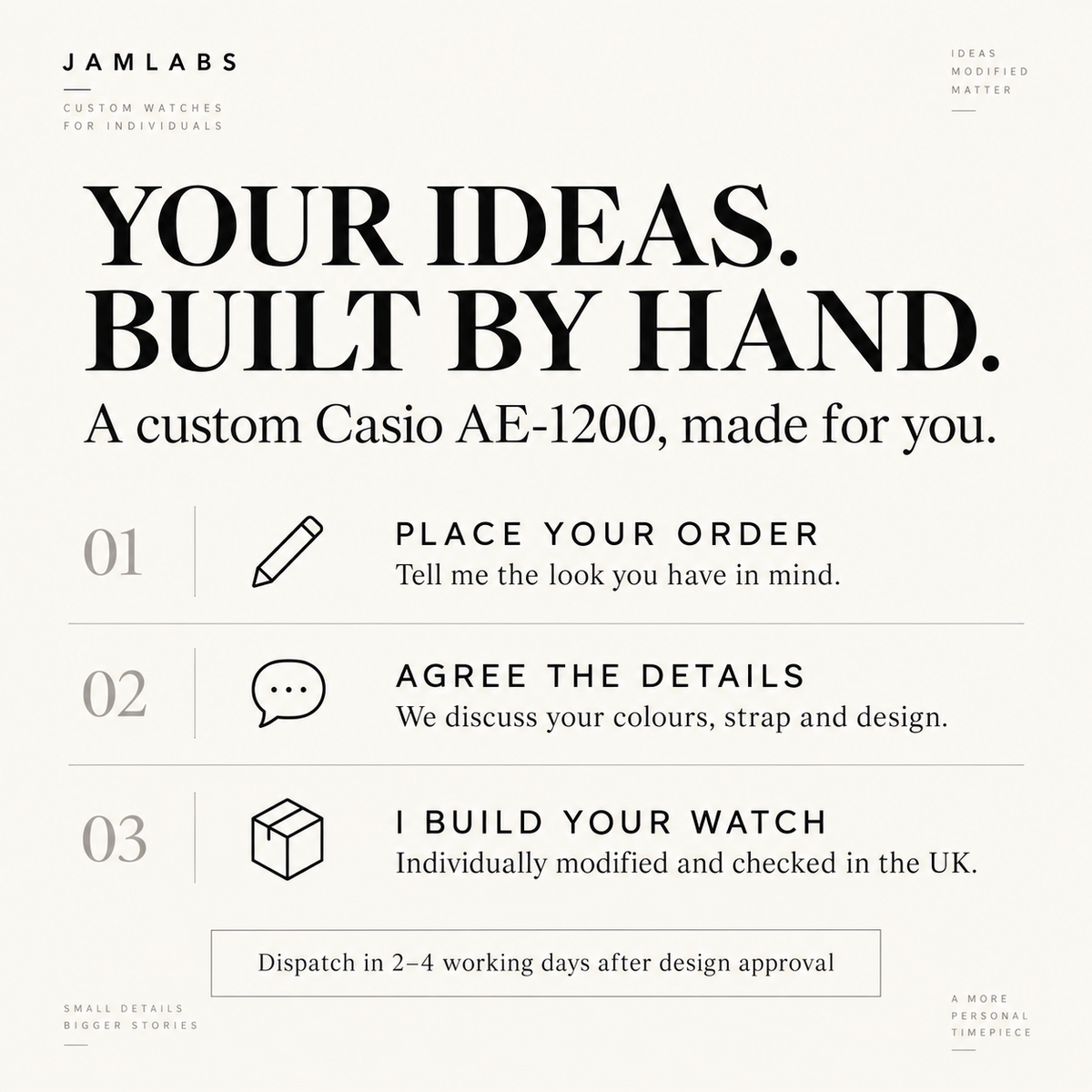 How custom orders work: place your order, agree the design and Jamie builds your watch; dispatch in 2–4 working days after approval