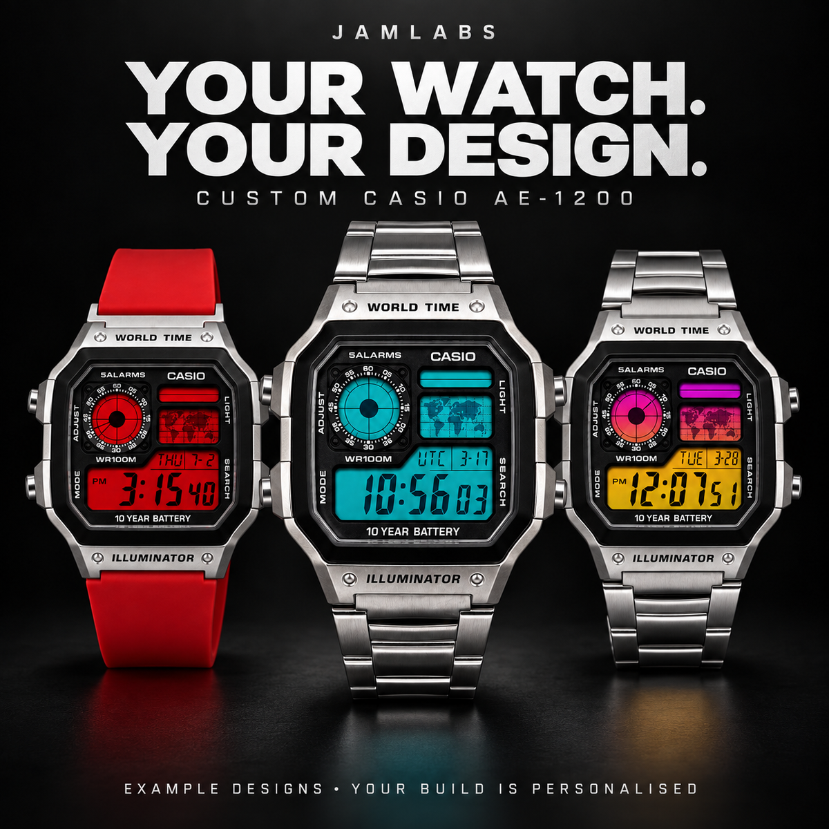 Illustrative gallery image showing red, turquoise and sunset Casio AE-1200 example designs by JamLabs